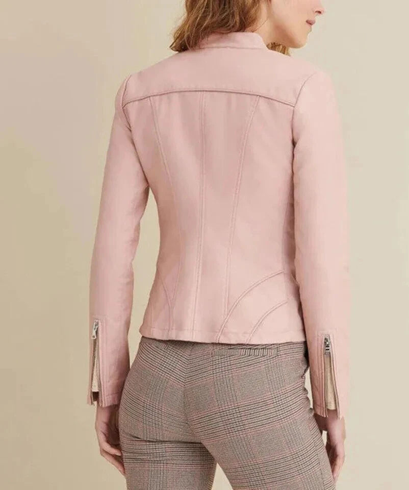Women's Premium Blush Pink Original Lambskin Leather Moto Jacket — Collarless