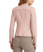 Women's Premium Blush Pink Original Lambskin Leather Moto Jacket — Collarless – biker jacket, close-up detail – Kamercio