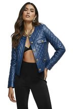 Women's Premium Blue Quilted Original Lambskin Genuine Leather Jacket — Gold Button – side view – Kamercio
