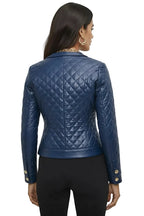 Women's Premium Blue Quilted Original Lambskin Genuine Leather Jacket — Gold Button – close-up detail – Kamercio