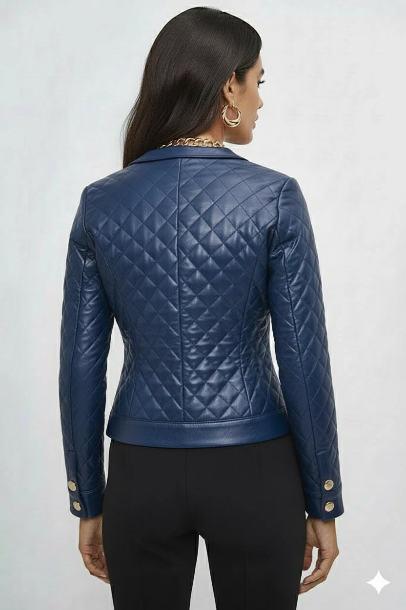 Women's Premium Blue Quilted Original Lambskin Genuine Leather Jacket — Gold Button