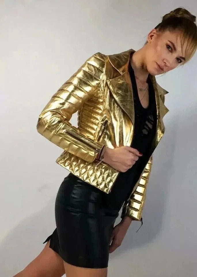 Women's Gold Metallic Premium Original Genuine Leather Biker Jacket — Quilted Detail