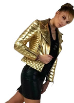Women's Gold Metallic Premium Original Genuine Leather Biker Jacket — Quilted Detail – side view – Kamercio