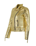 Women's Gold Metallic Premium Original Genuine Leather Biker Jacket — Quilted Detail – worn on model – Kamercio