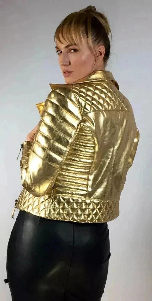 Women's Gold Metallic Premium Original Genuine Leather Biker Jacket — Quilted Detail