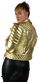 Women's Gold Metallic Premium Original Genuine Leather Biker Jacket — Quilted Detail – close-up detail – Kamercio