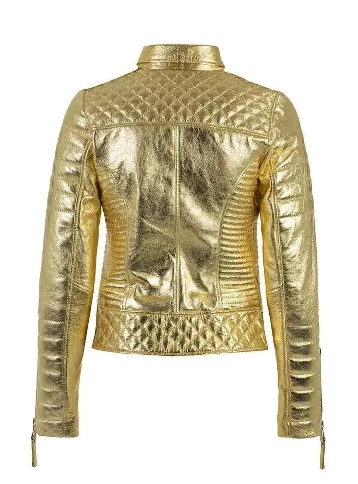Women's Gold Metallic Premium Original Genuine Leather Biker Jacket — Quilted Detail