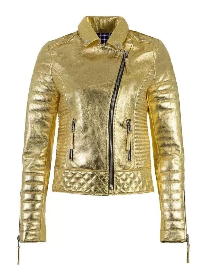 Women's Gold Metallic Premium Original Genuine Leather Biker Jacket — Quilted Detail