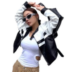 Women's Premium Black & White Colour-Block Original Leather Racing Jacket – leather jacket, close-up detail – Kamercio