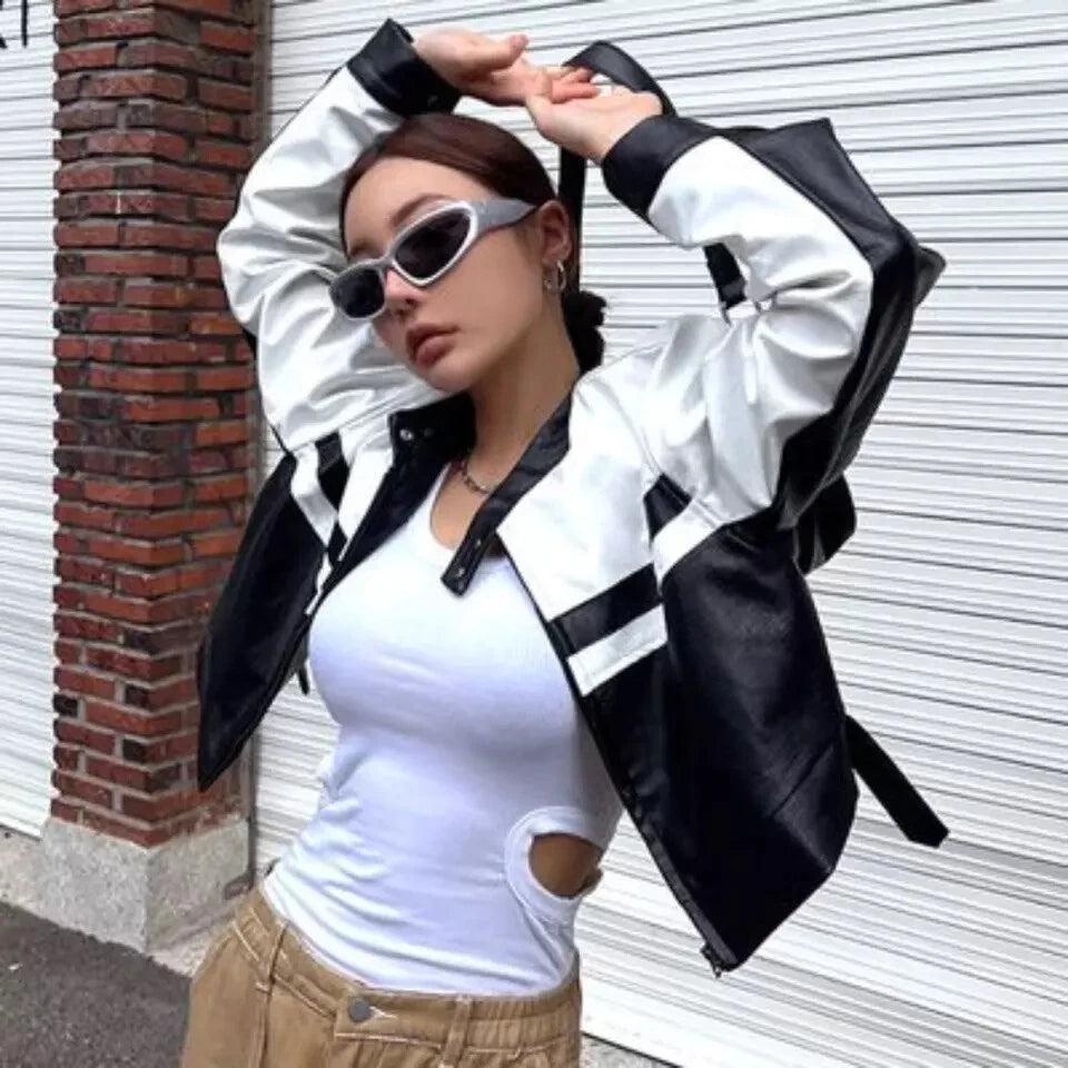 Women's Premium Black & White Colour-Block Original Leather Racing Jacket