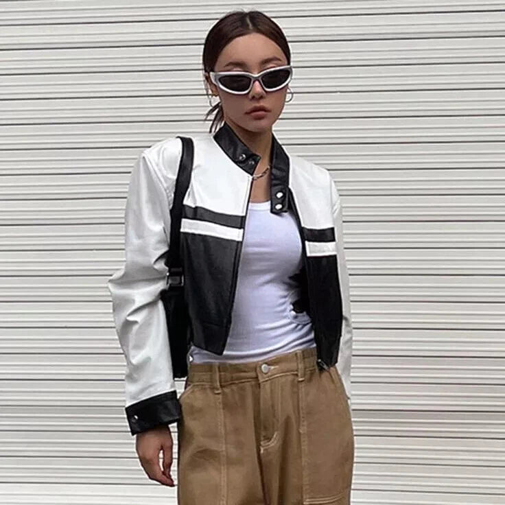 Women's Premium Black & White Colour-Block Original Leather Racing Jacket