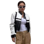 Women's Premium Black & White Colour-Block Original Leather Racing Jacket – leather jacket, side view – Kamercio