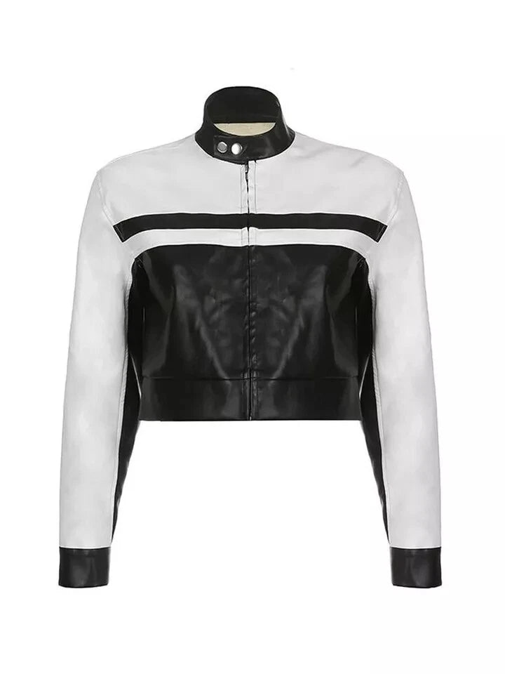 Women's Premium Black & White Colour-Block Original Leather Racing Jacket