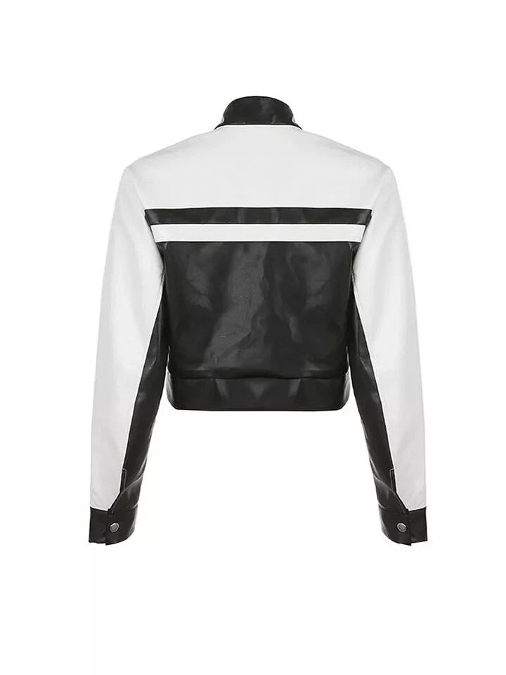 Women's Premium Black & White Colour-Block Original Leather Racing Jacket