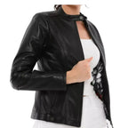 Women's Premium Black Collarless Original Genuine Leather Moto Jacket — Clean Zip – biker jacket, back view – Kamercio