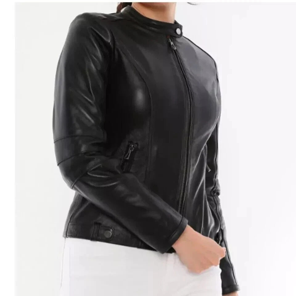 Women's Premium Black Collarless Original Genuine Leather Moto Jacket — Clean Zip