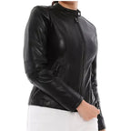Women's Premium Black Collarless Original Genuine Leather Moto Jacket — Clean Zip – biker jacket, side view – Kamercio