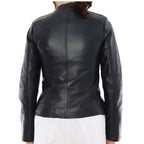 Women's Premium Black Collarless Original Genuine Leather Moto Jacket — Clean Zip – biker jacket, close-up detail – Kamercio