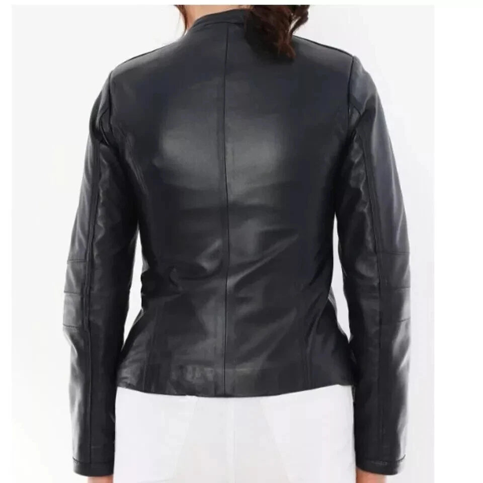 Women's Premium Black Collarless Original Genuine Leather Moto Jacket — Clean Zip
