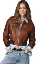 Women's Premium Brown Cropped Original Genuine Lambskin Leather Bomber Jacket — Spread Collar – side view – Kamercio