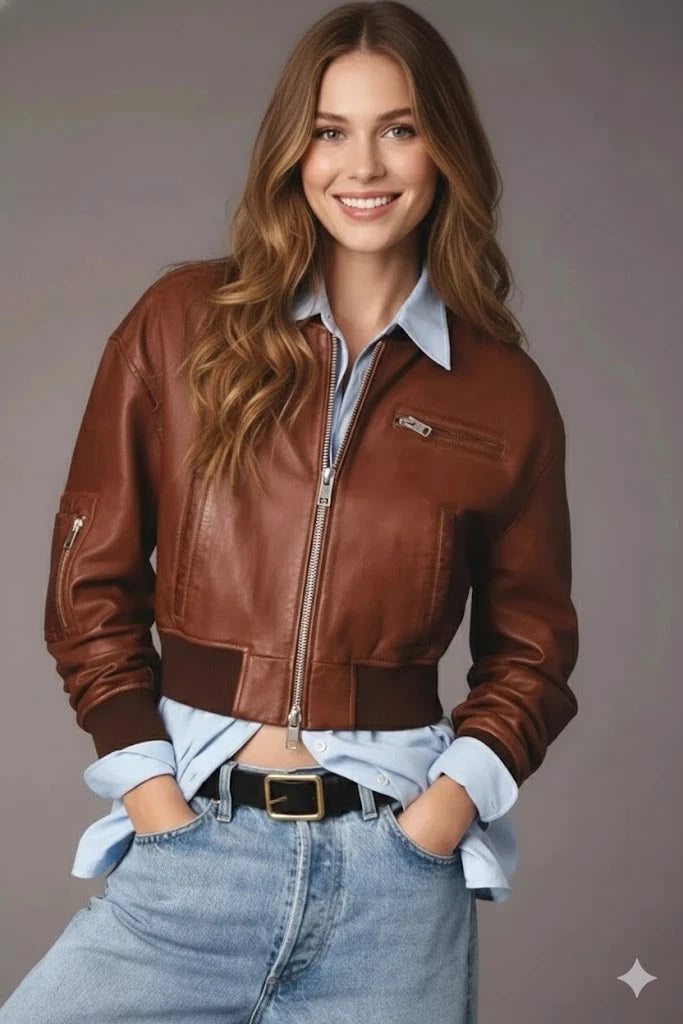 Women's Premium Brown Cropped Original Genuine Lambskin Leather Bomber Jacket — Spread Collar