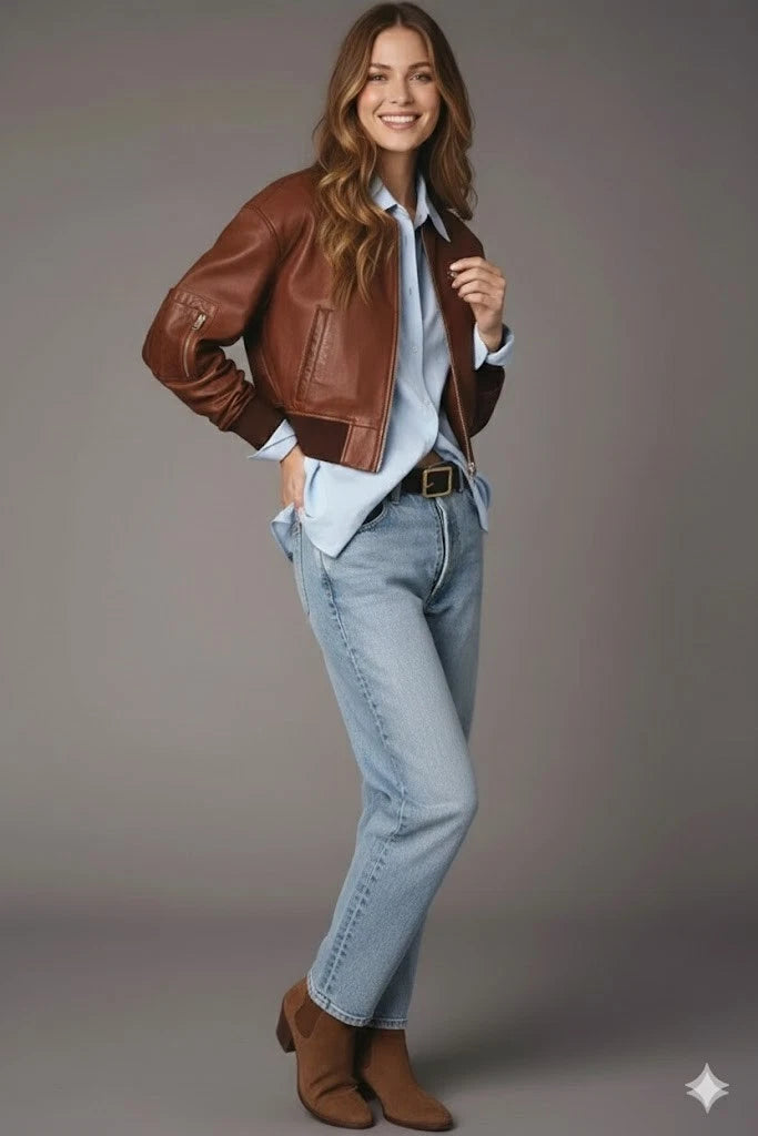 Women's Premium Brown Cropped Original Genuine Lambskin Leather Bomber Jacket — Spread Collar