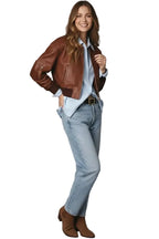 Women's Premium Brown Cropped Original Genuine Lambskin Leather Bomber Jacket — Spread Collar – worn on model – Kamercio