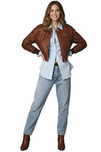 Women's Premium Brown Cropped Original Genuine Lambskin Leather Bomber Jacket — Spread Collar – close-up detail – Kamercio
