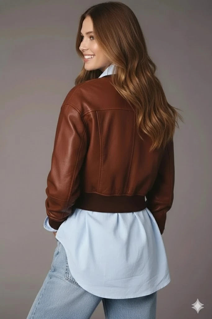 Women's Premium Brown Cropped Original Genuine Lambskin Leather Bomber Jacket — Spread Collar
