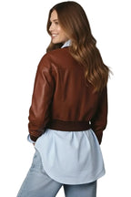 Women's Premium Brown Cropped Original Genuine Lambskin Leather Bomber Jacket — Spread Collar – lifestyle shot – Kamercio