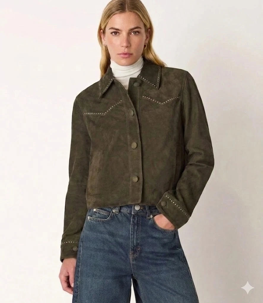 Women's Premium Olive Green Studded Original Suede Leather Western Jacket