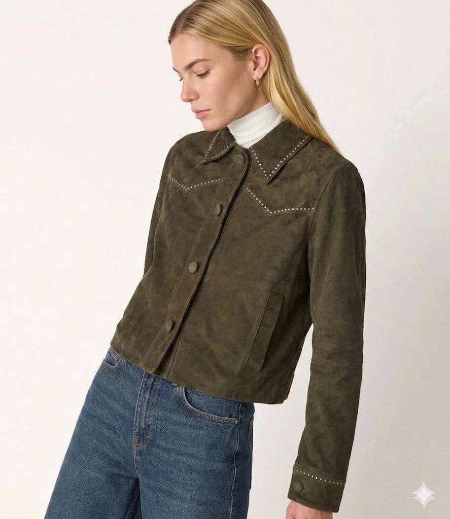 Women's Premium Olive Green Studded Original Suede Leather Western Jacket