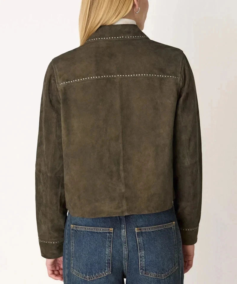 Women's Premium Olive Green Studded Original Suede Leather Western Jacket