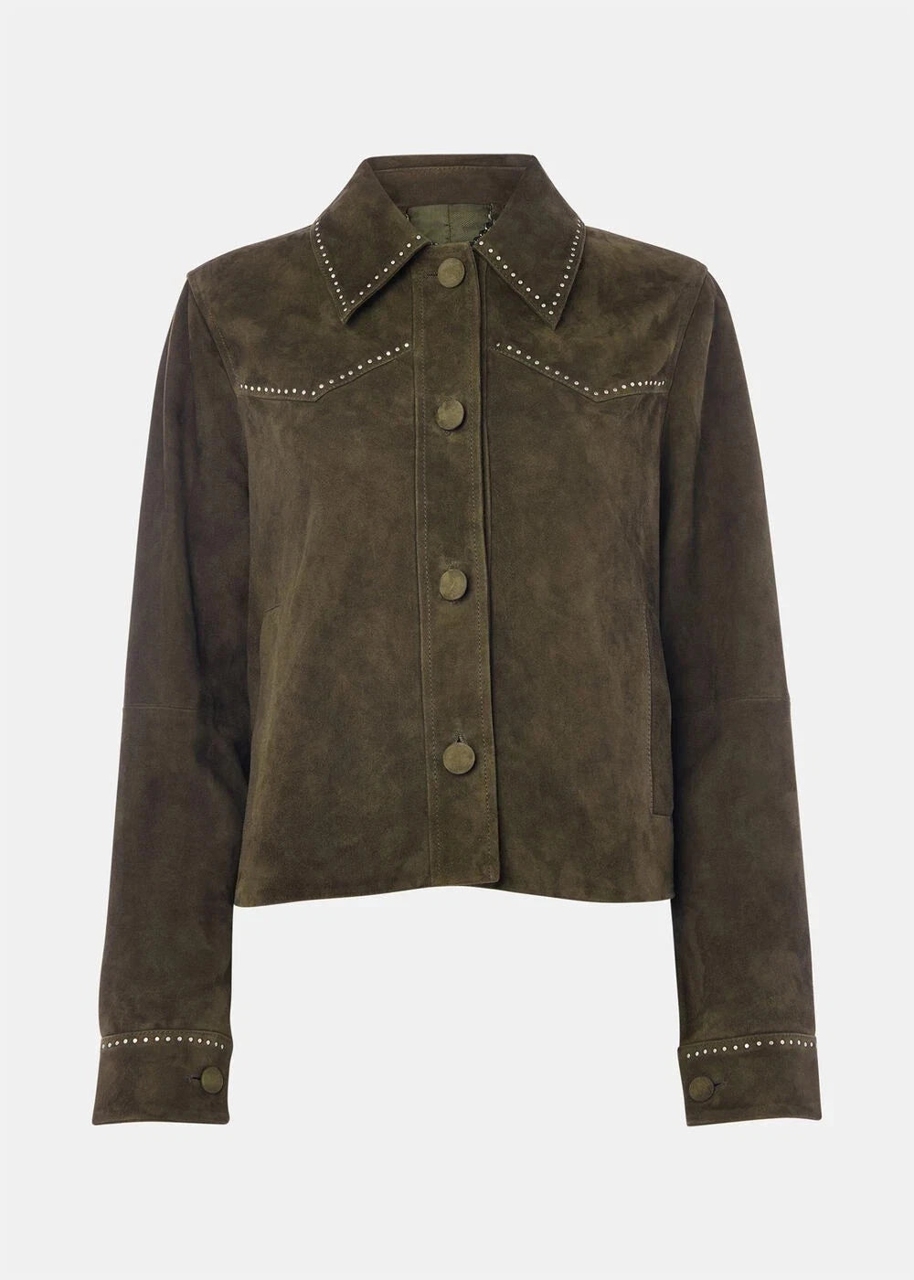 Women's Premium Olive Green Studded Original Suede Leather Western Jacket