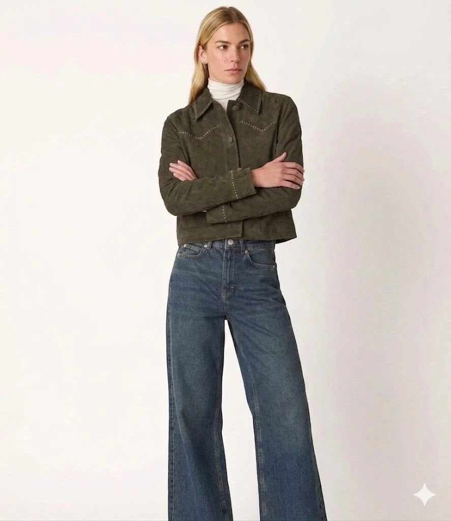 Women's Premium Olive Green Studded Original Suede Leather Western Jacket
