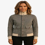 Women's Premium Grey Original Suede Leather Bomber Jacket — Cream Ribbed Trim & Button Front – gray, front view – Kamercio