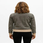 Women's Premium Grey Original Suede Leather Bomber Jacket — Cream Ribbed Trim & Button Front – gray, back view – Kamercio