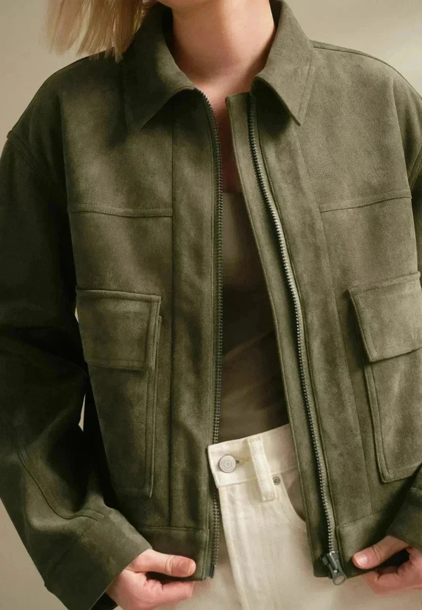 Women's Premium Olive Green Cropped Original Suede Leather Jacket