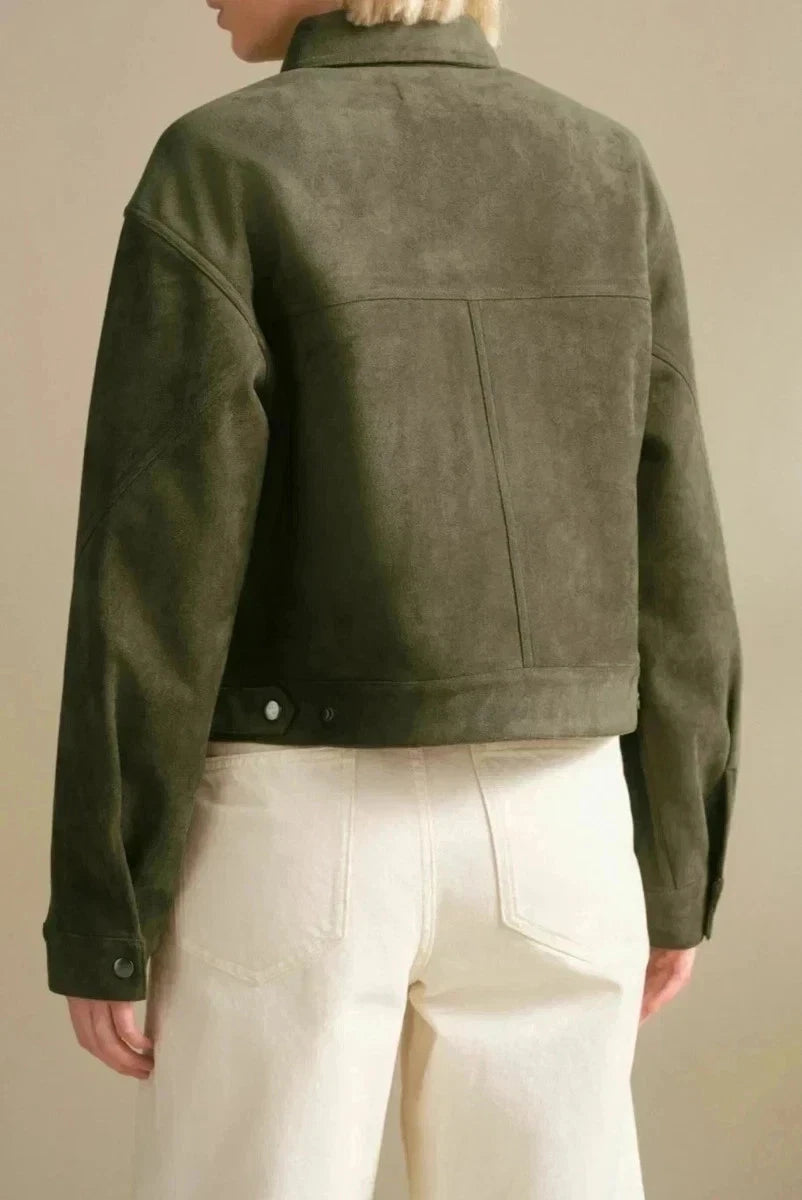 Women's Premium Olive Green Cropped Original Suede Leather Jacket