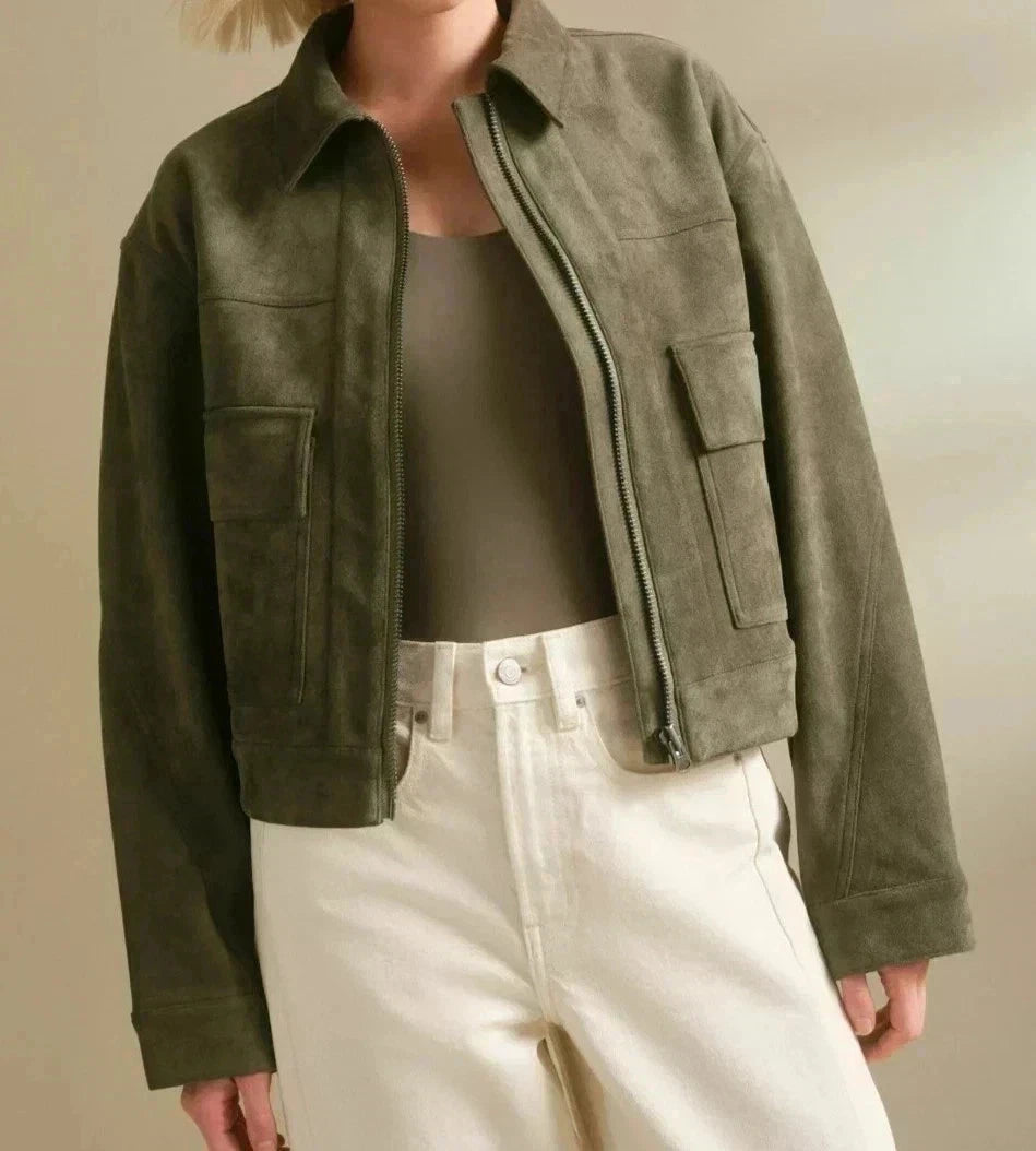 Women's Olive Green Cropped Suede Leather Jacket
