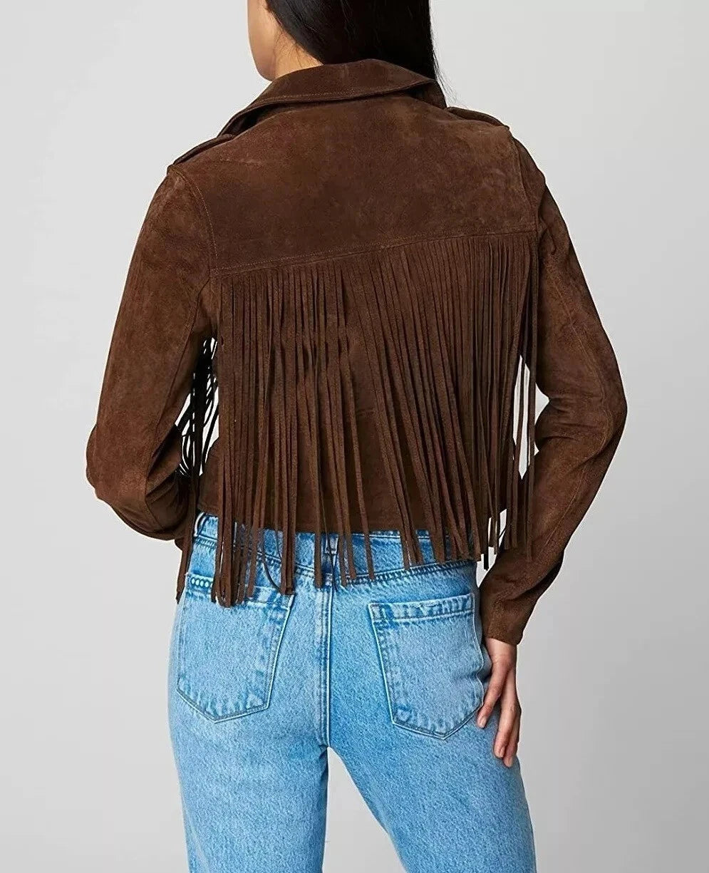Women's Premium Brown Original Suede Leather Fringe Moto Jacket