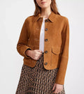 Women's Tan Suede Button-Front Leather Jacket