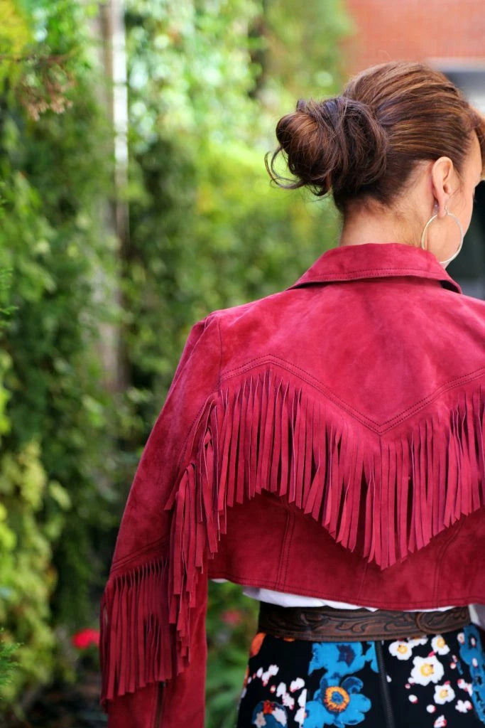 Crimson Original Suede Leather Fringe Jacket — Boho Western Style