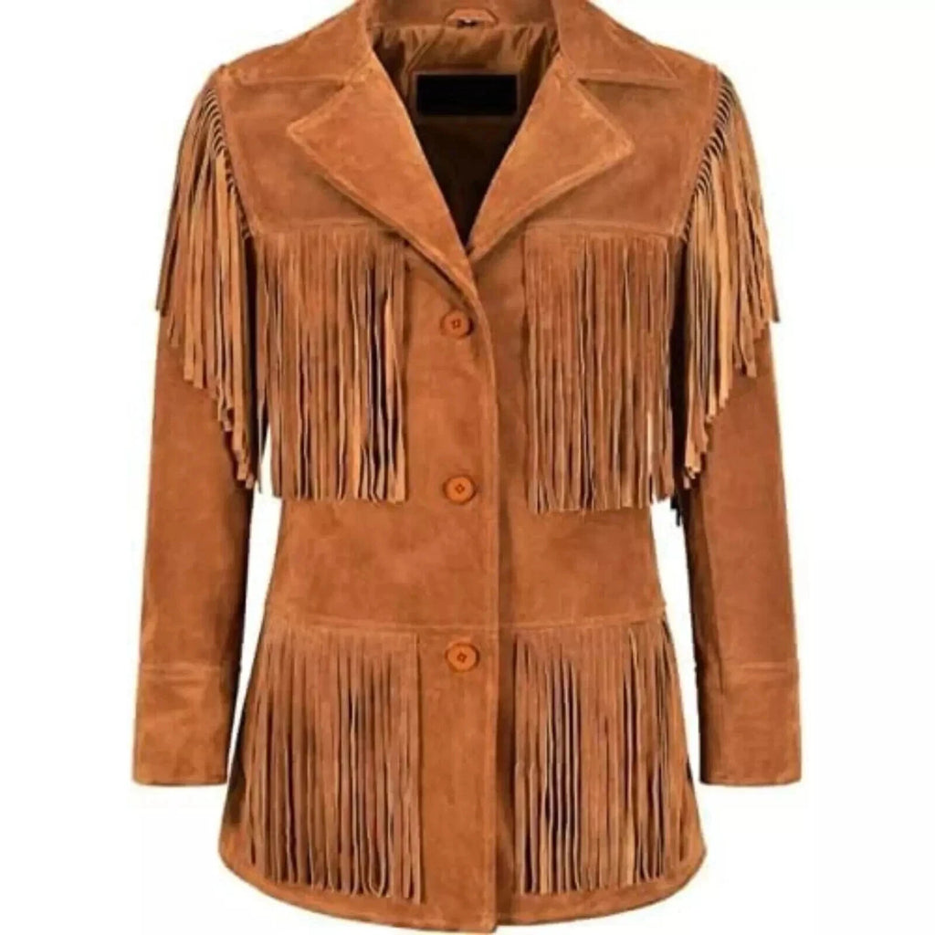 Tan suede fringe jacket with triple-tier fringe and button-front closure