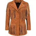 Tan suede fringe jacket with triple-tier fringe and button-front closure