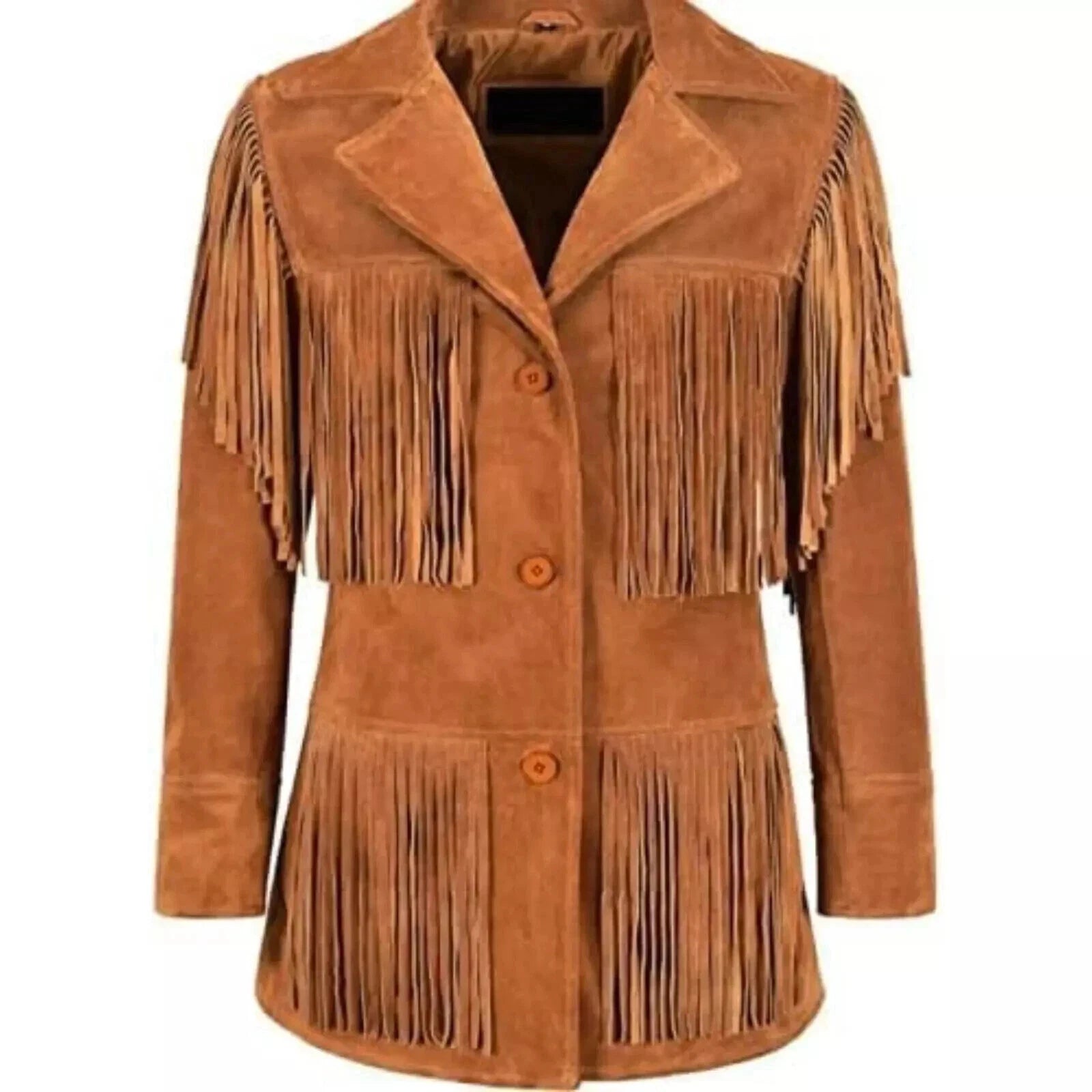 Tan suede fringe jacket with triple-tier fringe and button-front closure