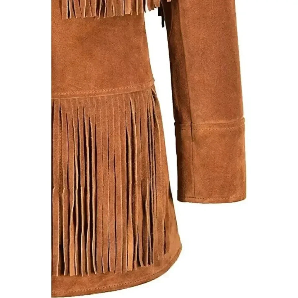 Premium Tan Original Suede Fringe Leather Jacket — Western Boho Style