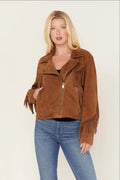Brown suede fringe moto jacket with gold zip and fringe-trimmed sleeves