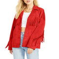 Red suede fringe jacket with button-front closure and fringe-trimmed chest and sleeves