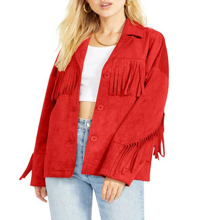 Red suede fringe jacket with button-front closure and fringe-trimmed chest and sleeves